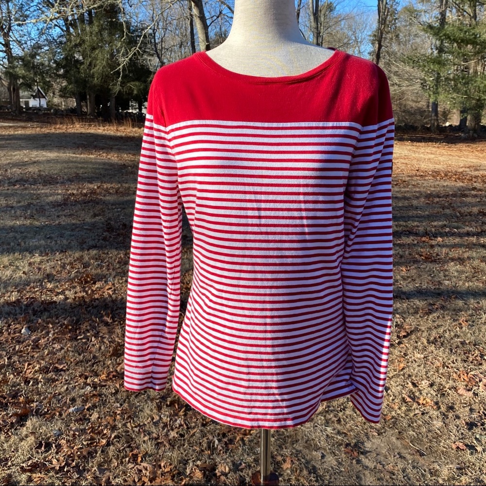 BARBOUR TOP TEE LONG SLEEVE RED WHITE US 10 UK 14